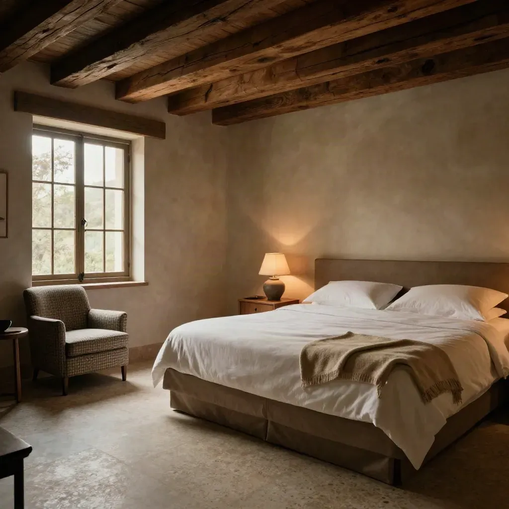 Camera elegante con letto, poltrona a quadri, lampada e travi in legno, luce del tardo pomeriggio.