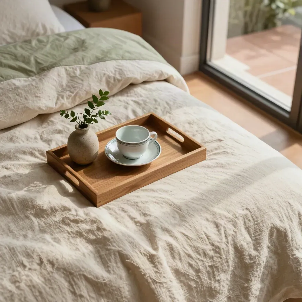 Flatlay dall’alto di letto avorio, vassoio caffè e verde reciso con cortile in terracotta.