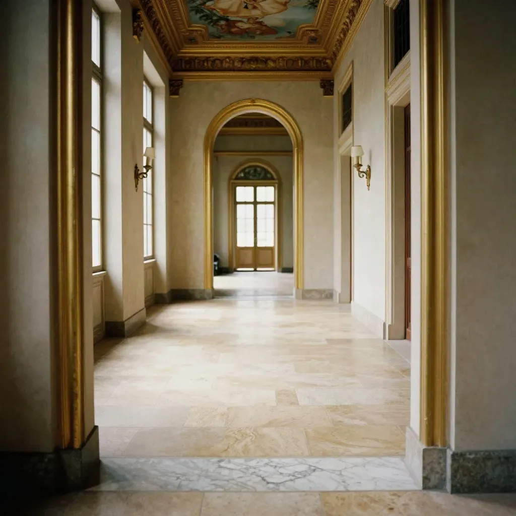Corridoio suite elegante con arco, specchio e applique dorate, luce calda e pavimento chiaro.